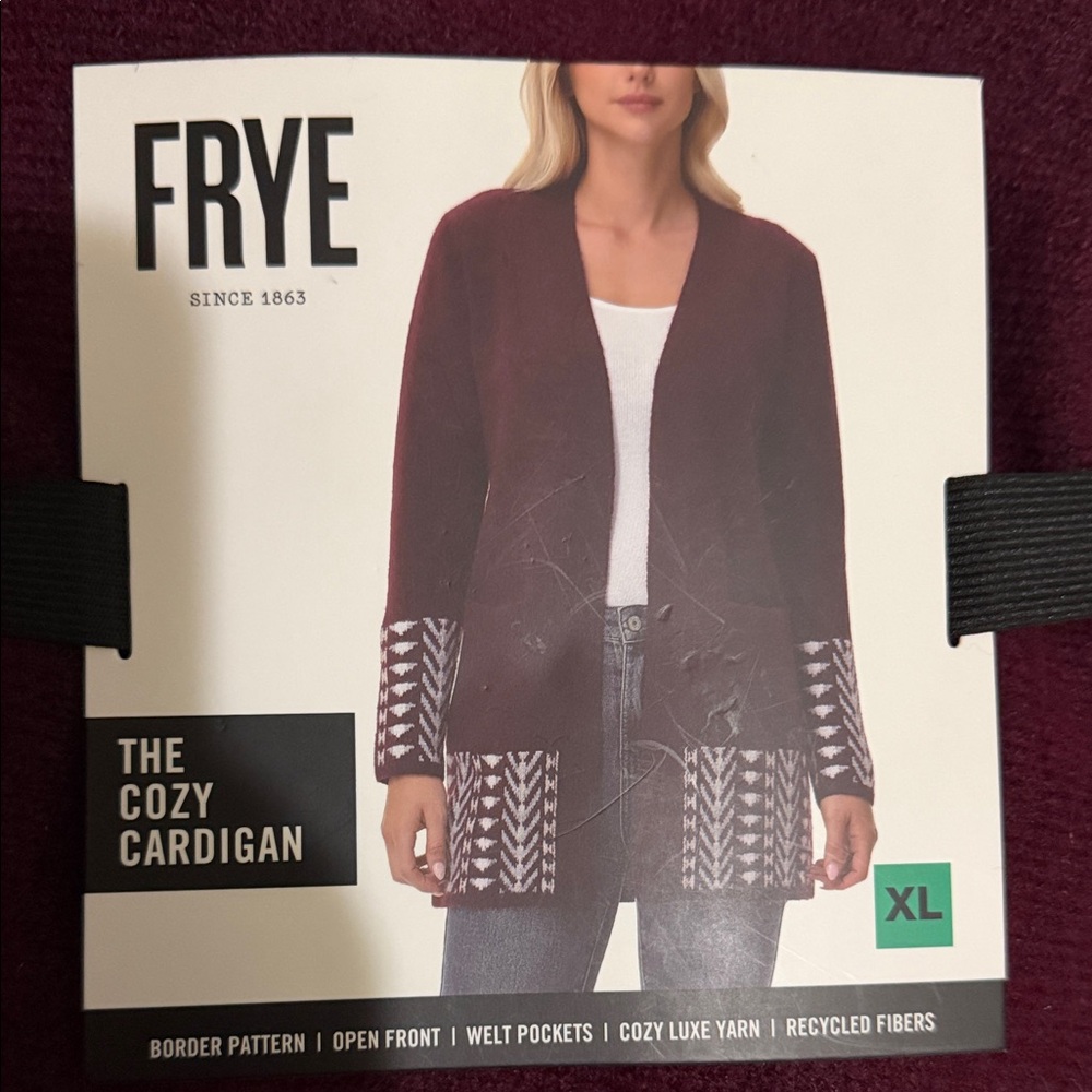 FRYE Open-Front Cozy Cardigan - Burgundy with Cream Pattern